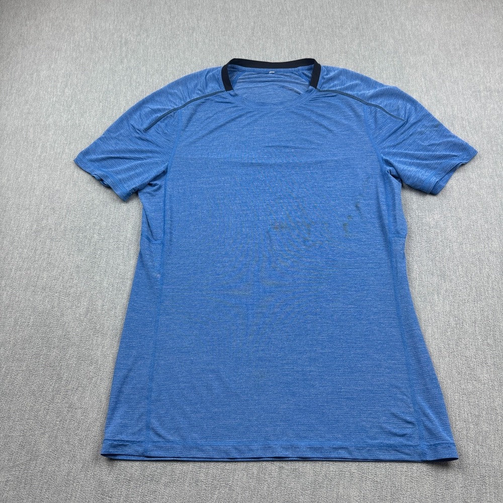 Lululemon Shirt Mens Large Blue Stretch Short Sleeve Crewneck Active *STAINED
